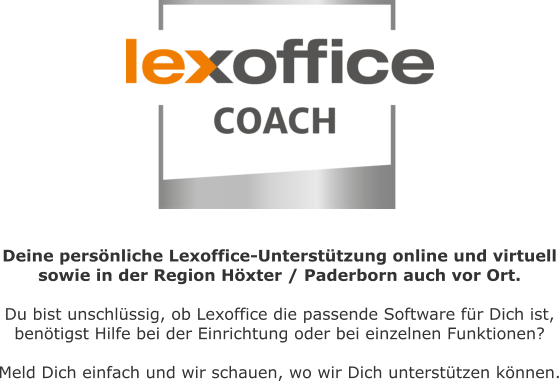 Deine persönliche Lexoffice-Unterstützung online und virtuell sowie in der Region Höxter / Paderborn auch vor Ort.  Du bist unschlüssig, ob Lexoffice die passende Software für Dich ist, benötigst Hilfe bei der Einrichtung oder bei einzelnen Funktionen?  Meld Dich einfach und wir schauen, wo wir Dich unterstützen können.